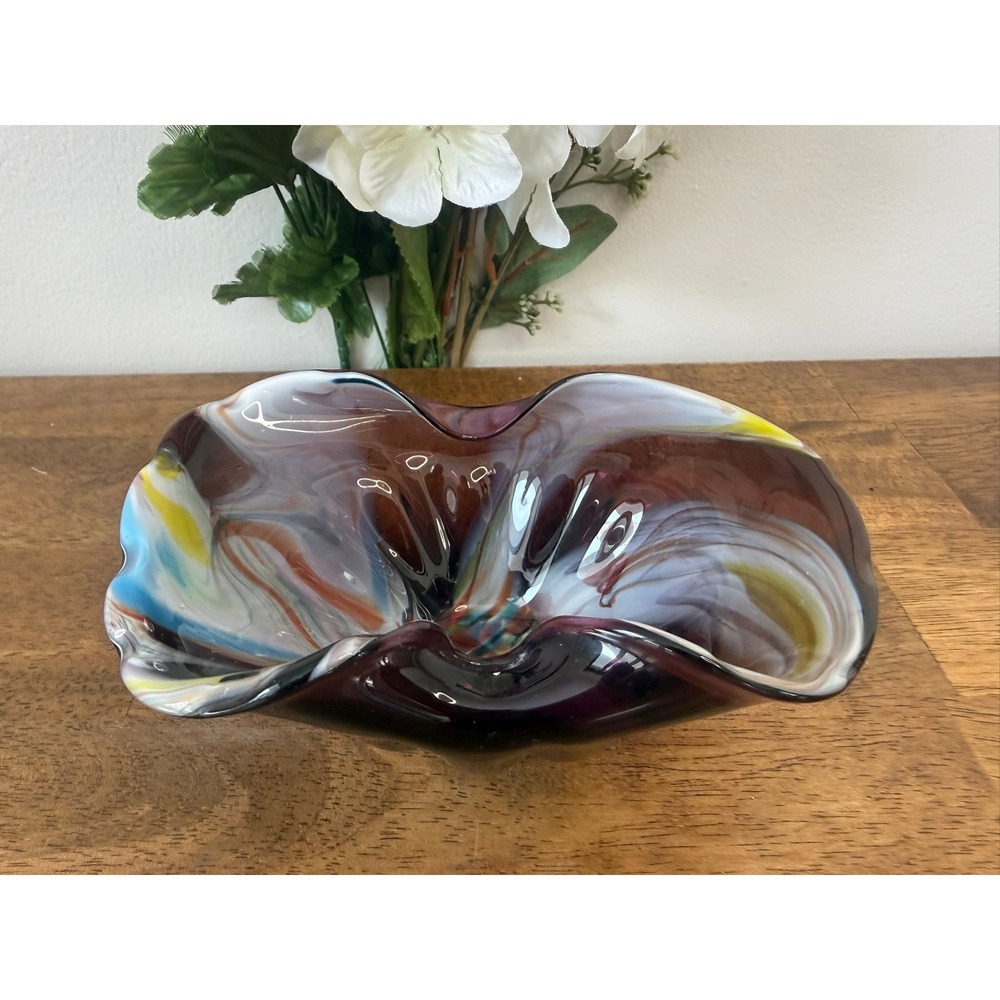 Vintage Naless Japan Art Glass Freeform Bowl Hand Blown Swirl Centerpiece MCM‎